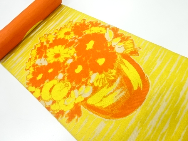 JAPANESE KIMONO / ANTIQUE BOLT FOR HASSUN OBI / WOVEN FLOWER BASKET